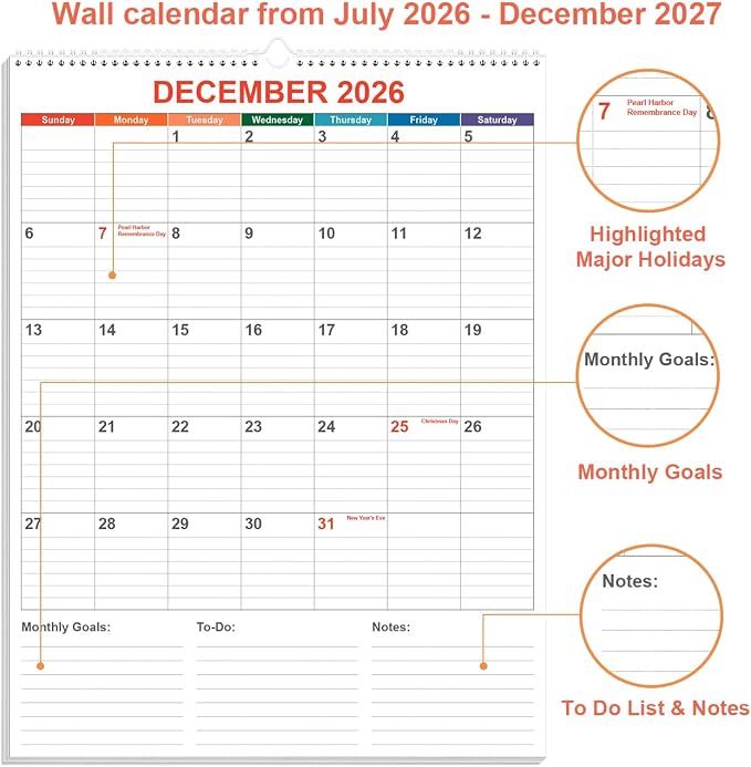 Large Calendar 2026-2027 with Spiral Bound - 18 Month Big Calendar from July 2026 to December 2027, Vertical Large Monthly Calendario 2026-2027 for Wall, 22" x 17", Colorful
