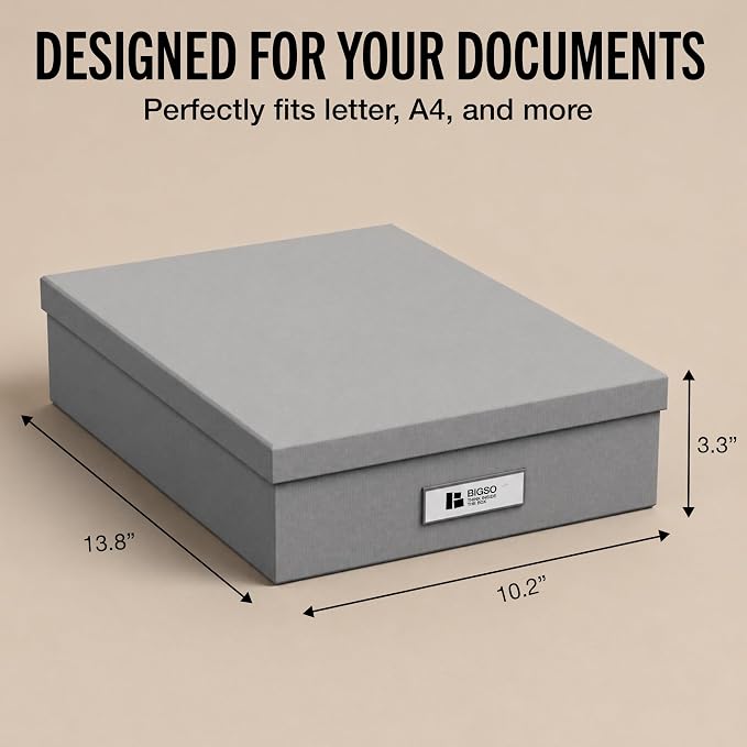Bigso Oskar Fiberboard Label Frame Document Letter Box - File Organizer Box for Important Paperwork - Document Storage with a Lid & Metal Label Window - 3.3 in x 10.2 in x 13.8 in - Grey