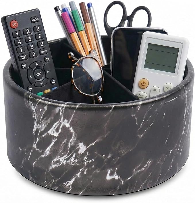 Remote Control Holder, 360°Spinning PU Leather Desk TV Remote Caddy,Desk Storage Box Room Accessories for Controller, Media,Mail,Calculator, Mobile Phone,Pencil(1-Big Marble Black)