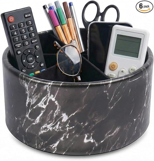 Remote Control Holder, 360°Spinning PU Leather Desk TV Remote Caddy,Desk Storage Box Room Accessories for Controller, Media,Mail,Calculator, Mobile Phone,Pencil(1-Big Marble Black)