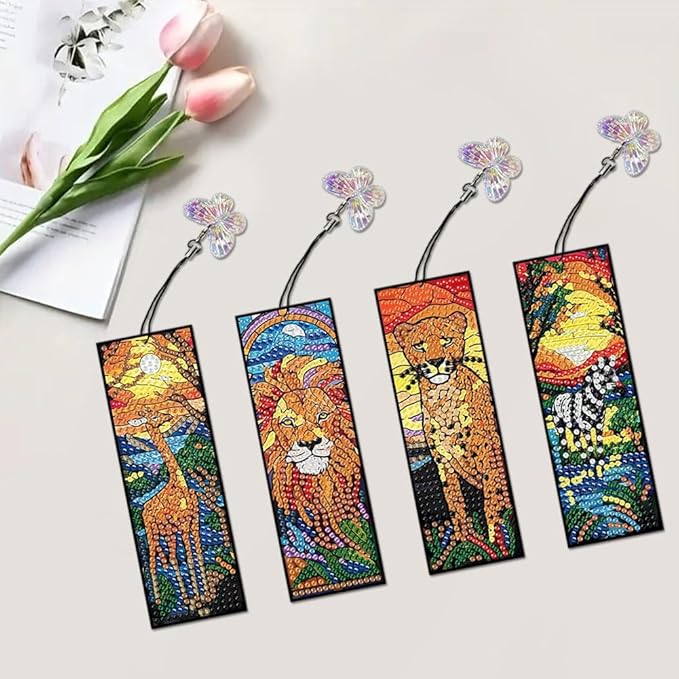 4PCS Animal Diamond Painting Bookmark DIY Diamond Art Kits for Adults, Acrylic Diamond Art Bookmarks with Pendant for Book Lovers