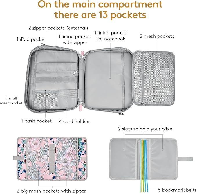 Derstuewe Bible Cover Case for Women – Stylish & Durable Zippered Bible Bag with Handle & Pocket, Fits Standard & Large Bibles, Perfect for Church, Travel, Study & Gifts, Big Flower