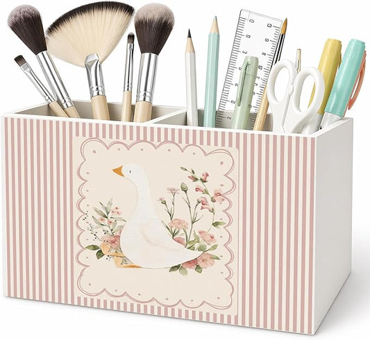 Cute Goose Pen Pencil Holder for Desk Goose Nursery Decor, Flower Geese Wooden Box Sign Desk Decor for Kids Girls Room Nursery Playroom Decoration