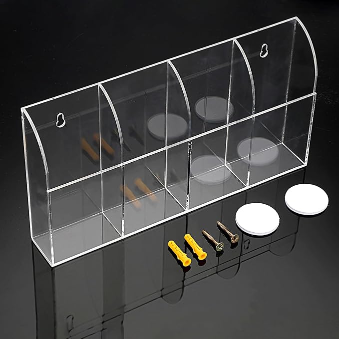 Hipiwe Wall Mount Remote Control Holder Clear Acrylic Media Organizer Remote Control Caddy Wall Pencil Holder Storage Box for Remote Control, Pens, Makeup, Key (4 Compartments)