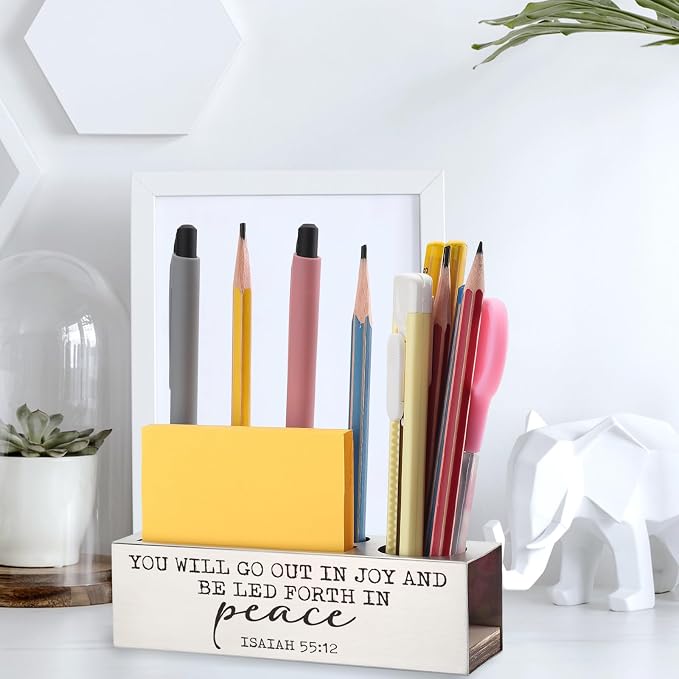 Isaiah 55:12 Bible Verse Pen and Pencil Holder, You Will Go Out in Joy Scripture Desk Accessory, Christian Spiritual Thank You Appreciation Gift, Stainless Steel Pencil Holder for Graduation EDP30