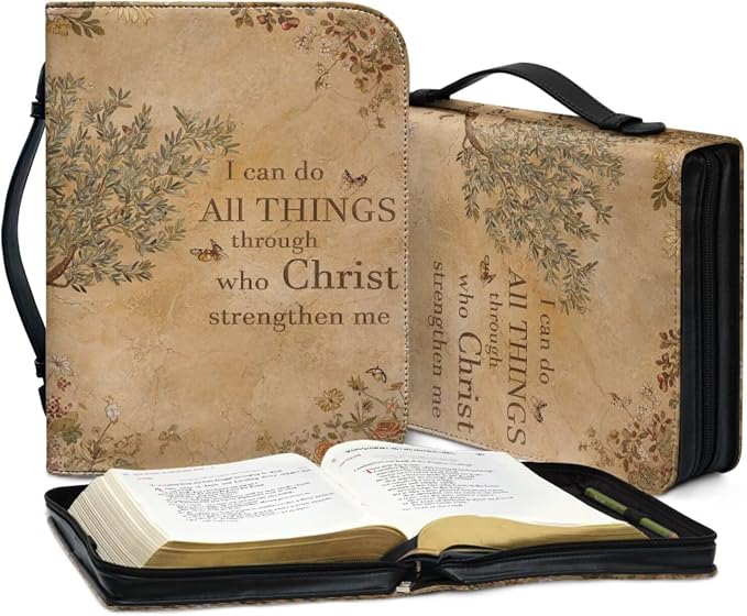 Vintage Style Olive Tree Bible Case with Bookmark Waterproof Bible Cover Case for Women Lightweight Bible Bag with Handle Pockets Church Book Bag Brown