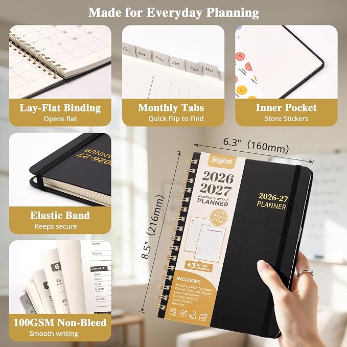 JoyCat Academic Planner 2026-2027, July 2026 - June 2027, A5 Weekly & Monthly Planner, Hardcover Agenda with Tabs, 5 Sticker Sheets, Elastic Closure & Pocket for Teachers & Students, 6.3" x 8.5", Black