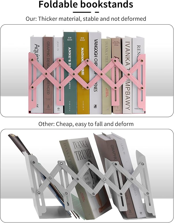MSDADA Adjustable Bookends, Book Ends for Heavy Books, Expandable Book Organizer for Desk, Shelf, Office, School, for 6 7 8 9 10 11 12-15 Boys and Girls, Extends up to 19 inches (Pink)