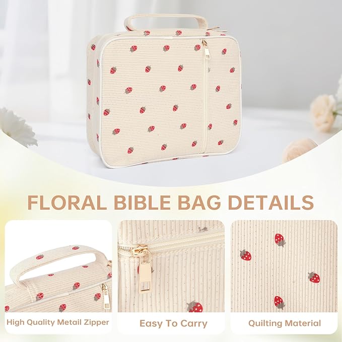 Bible Cover Case for Women Corduroy Bible Case for Girls Large Bible Cover with Handle Bible Study Supplies Accessories Christian Gifts for Women (red Strawberry, Medium)