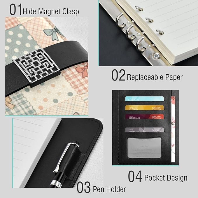 Polka Dot Plaid Bows A5 Binder 6 Ring Refillable PU Leather Notebook Journal with Magnetic Buckle Closure Loose Leaf Travel Office Planner Budget Binder Notepad Portfolio, Cute