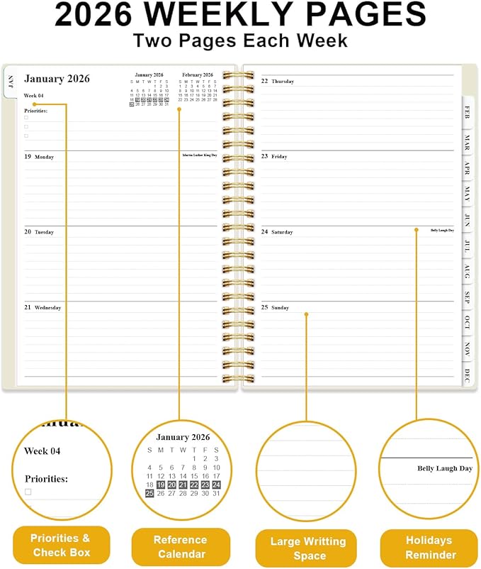 2026 Planner - Weekly and Monthly Planner from Jan 2026 - Dec 2026, Spiral Planning 2026 with 12-Month Tabs, Inner Pocket, 6.25" x 8.5", Beige