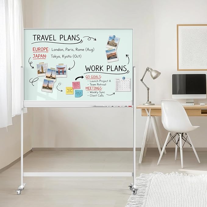 Tankee Rolling Whiteboard, 48x32 Inches Magnetic Glass Dry Erase Board with Stand, Standing White Board on Wheels, Large Glass Mobile Whiteboard for Office School Classroom Home Homeschooling