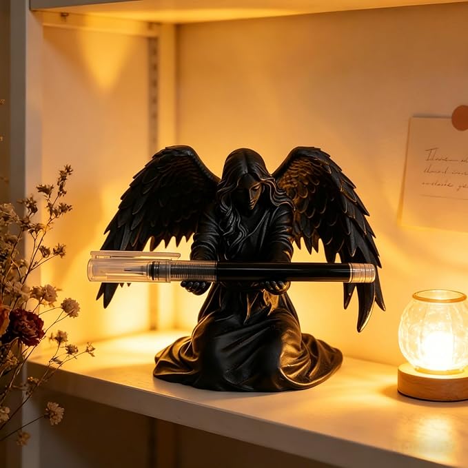 Angel Pen Holder with Hand-Polished Feather Wings, Desktop Organizer, Home & Office Decor, Guardian Gift (Black)