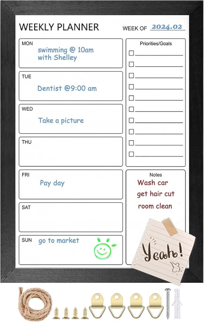 Dry Erase White Board Weekly Calendar Board, Magnetic Whiteboard for Wall, 10.6“x14.7” Solid Wood Black Framed Message Board, Planner Board for Office, Home, School(Weekly-BB-BK-2737)