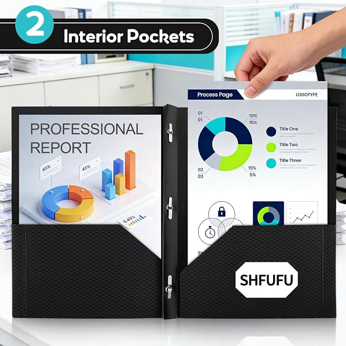 Textured 2 Pocket Folder with 3 Prongs,24 Pack Letter Size 8.5x11, Heavy Duty Textured Folder with Metal Fasteners for School, Office & Business (Black)