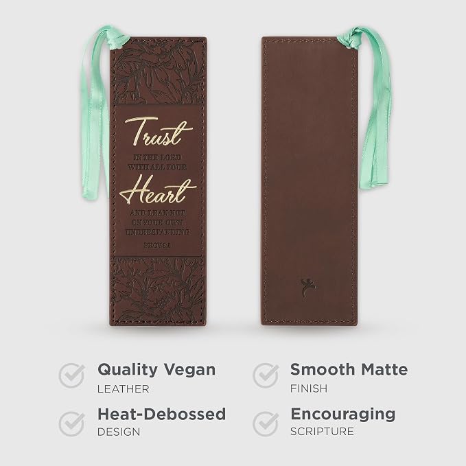 Christian Art Gifts Premium Vegan Faux Leather Scripture Bookmark for Men & Women: Trust in The Lord - Proverbs 8:5 Inspirational Bible Verse, Heat-Debossed, Reading Accessory w/Tassel, Floral Brown