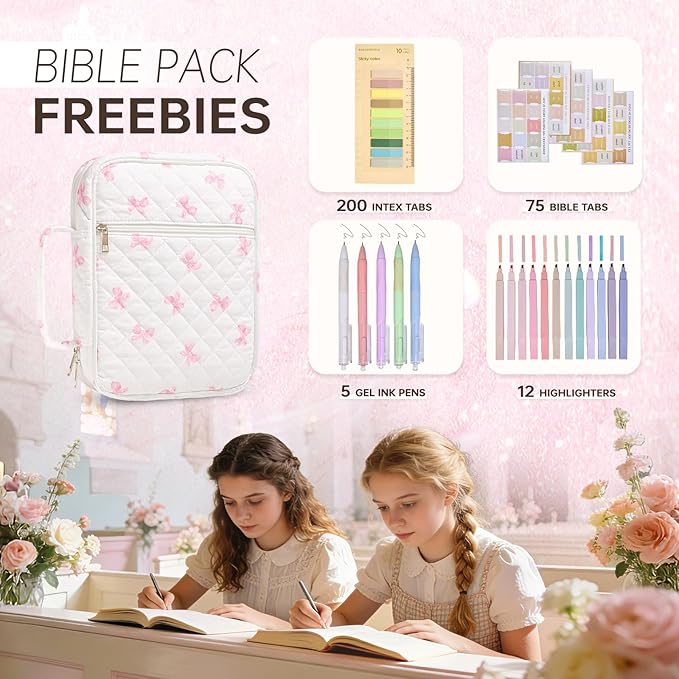 Bible Cover Case for Women Large Bible Cover Bag Quilted Bible Carrying Case for Girls Bible Study Supplies Accessories Christian Gifts for Women (New Pink Bow, Large)