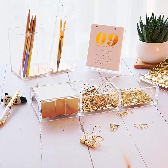 Premium Acrylic and Gold Base Note Holder, Paper Clips Holder for Desk, Cube Memo Pad 3 Compartments Desktop Organizer