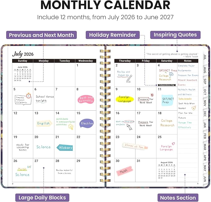 Planner 2026-2027, Monthly and Weekly Academic Planner July 2026 - June 2027, Hardcover Student Teacher Planning Agenda Calendar Book with Tabs, Perfect for Office School Supplies, A4 (8.5" x 11") - Lavendar Floral