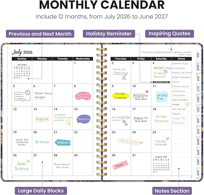 Planner 2026-2027, Monthly and Weekly Academic Planner July 2026 - June 2027, Hardcover Student Teacher Planning Agenda Calendar Book with Tabs, Perfect for Office School Supplies, A4 (8.5" x 11") - Lavendar Floral