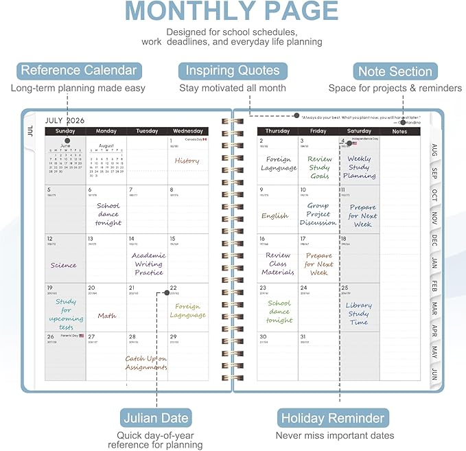 Planner 2026-2027, Weekly and Monthly Academic Year Calendar Planner, July 2026 - June 2027, Daily Agenda Book for Office School Supplies, A5(6.3'' x 8.5'')