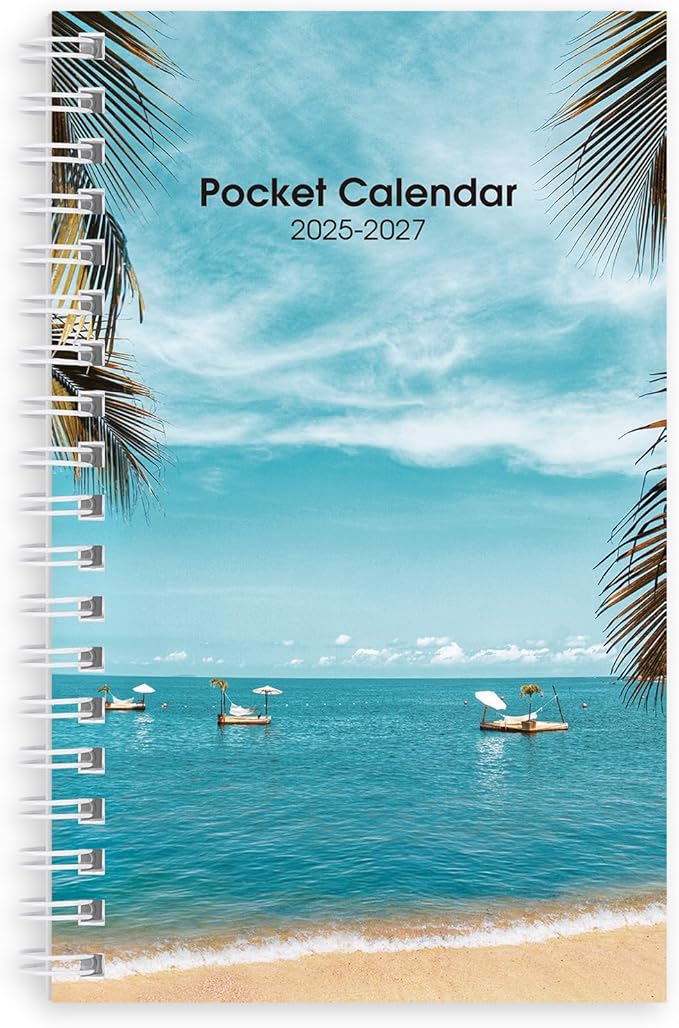 KONVINIT Pocket Calendar 2025-2027, Beach 2026 Pocket Calendar -3.5” × 6.5” - Runs from July 2025 until December 2027, 2026 Monthly Planner with Coil Cover for Organizing