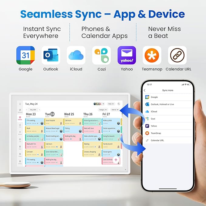 16" Smart Digital Calendar, Wall Desk Mount Planner with Google iCloud Sync, Touchscreen Family Organizer for Chore Chart, Meal Planning & Task Rewards（White）