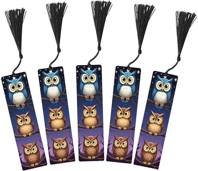 Funny Owl 5 Pcs Bookmarks Cute Owls Standing Tree Branch Wooden Bookmarks with Tassel for Students Reader Teachers Book Lovers