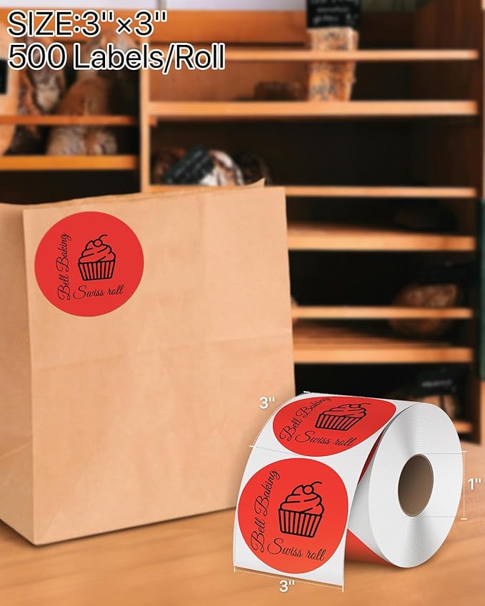 iEager 3 Inch Circle Thermal Sticker Labels, Self-Adhesive Round Direct Thermal Label, Multi-Purpose Roll Thermal Stickers, 500 Labels, Red