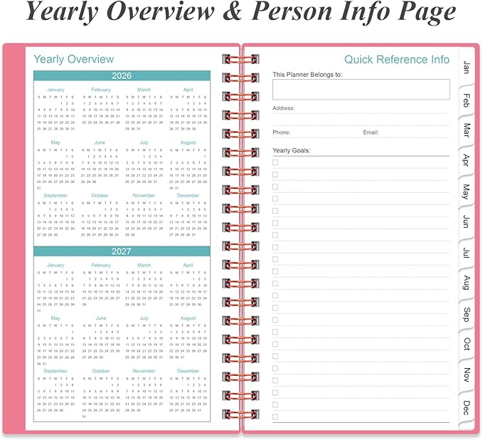 2026-2027 Monthly Planner - January 2026 - June 2027, Two Pages Per Month, 18 Monthly Calendar/Planner with Tabs, Strong Twin-Wire Binding, Inner Pocket, 3.75" x 6.5", Pink