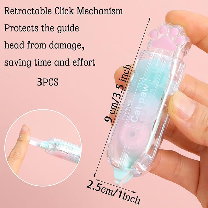 Piriuuo 3 Pcs Correction Tape, Retractable Correction Tape Pen Cute Cat Paw Pen Double Sided Tapes Roller for Instant Corrections Glue Tapes Roller for School Office Supplies
