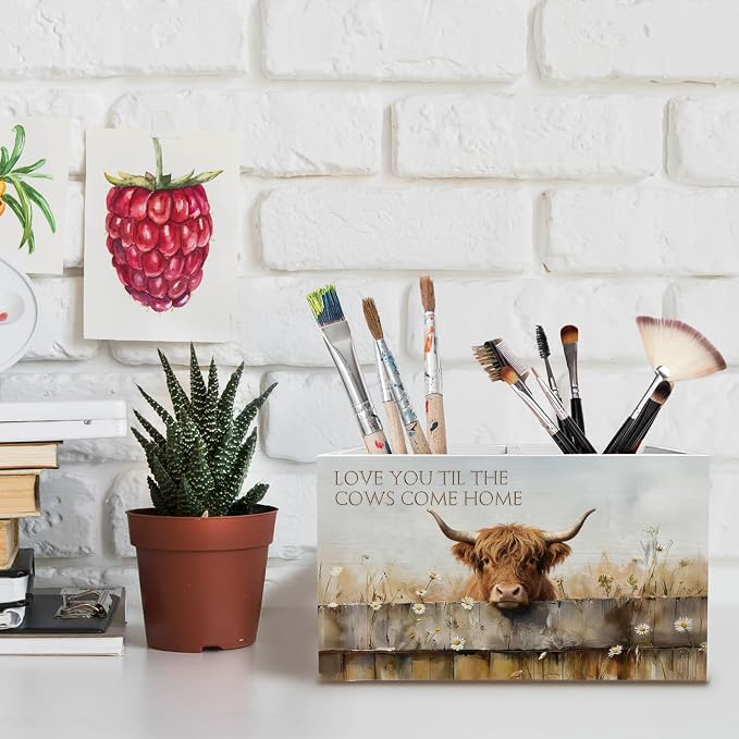 Farmhouse Highland Cow Pen Holder for Desk, Highland Cow Lover Gifts Pencil Organizer, Love You Til the Cows Come Home Wooden Box Sign Desk Decor for Home Office Decoration