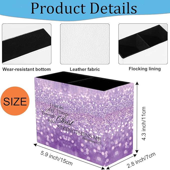 Pen Holder, Pencil Case, Makeup Brush Storage Box, Tableware Storage Box, Suitable for Office Or Home Item Organizing Stand - Purple Glitter Quote Philippians 4-13