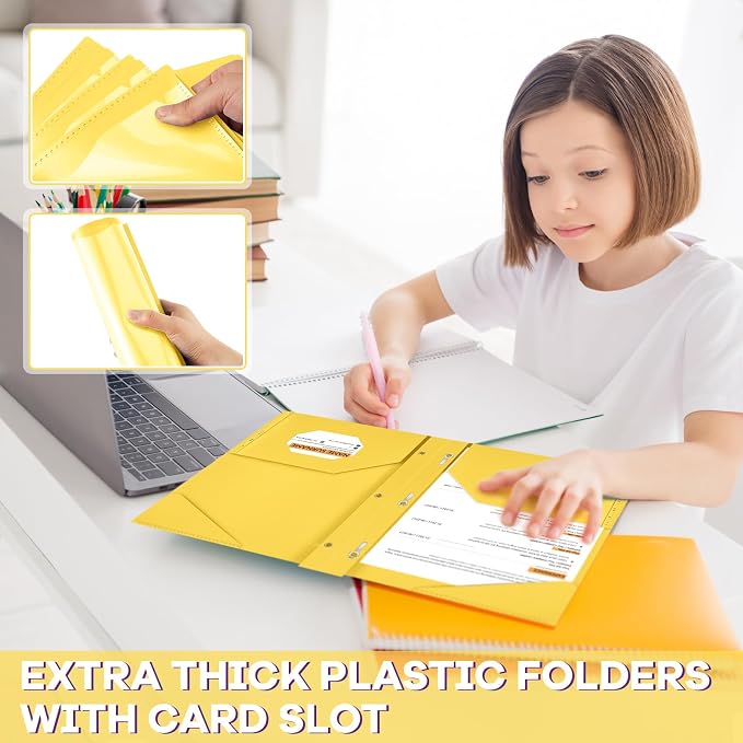 Henoyso 18 Pcs Plastic Folder with Clear Front Pocket and 3 Prong Plastic Folders with Card Slot Pocket Folders with Prongs for School Office (Yellow)