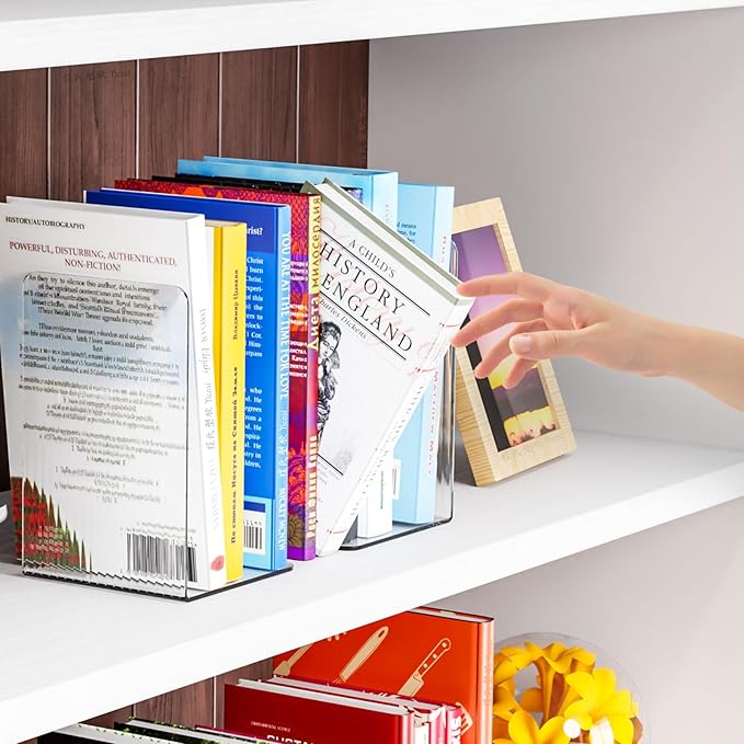 SUOXING 1 Pair Clear Acrylic Book Stopper for Shelves for Shelves Decorative,Invisible Bookends with Non-Slip Mats for Heavy Books,Small Acrylic Book Ends for Office School Supplies and Kids Bookshelf