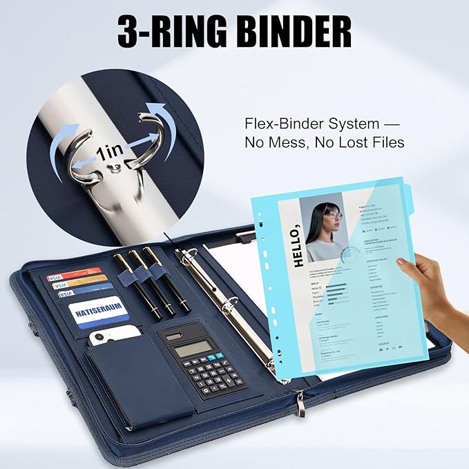 Portfolio Binder 3 Ring Includes Pen and 5 Dividers with 10 Pockets, Padfolio Organizer with Magnetic Handle for Men and Women, Includes A4 Notepad for Business, School, Work