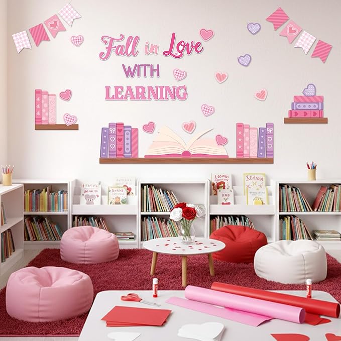 TICIAGA Pink Heart Book Learning Bulletin Board - 62Pcs Valentines Bookshelf Fall in Love with Learning Pink Heart Cutout Border Book Flag Banner for February School Library Classroom Wall Decor