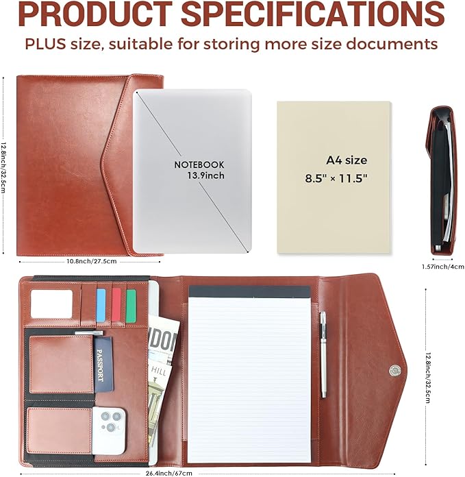 Professional Trifold Padfolio with Magnetic Closure – A4 Letter Portfolio Organizer for Business Meetings, Interviews & Presentations, Document Folder with Notepad Holder Brown