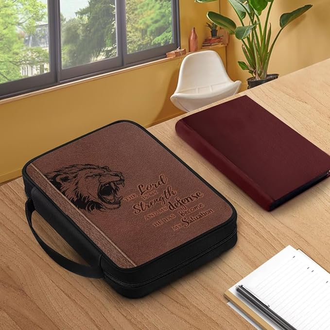 Lion Print Bible Case for Women Men,Brown Bible Holder Case Portable Canvas Church Bag