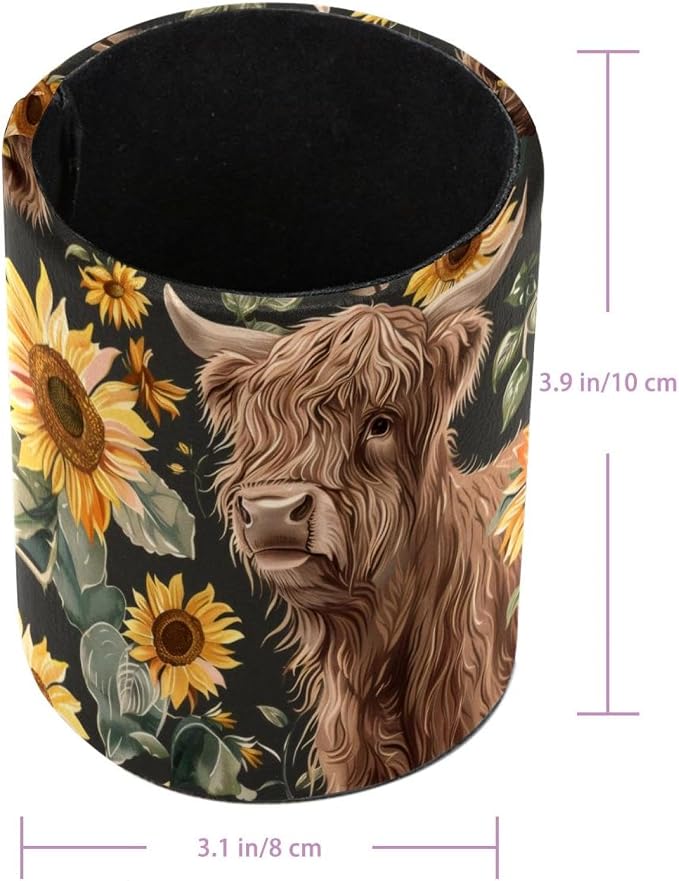 Pen Holder for Desk, Highland Cow Sunflowers Pencil Holder Desk Organizer, Large Capacity Pen Cup Makeup Brush Holders Desktop Office Supplies Storage Organizer