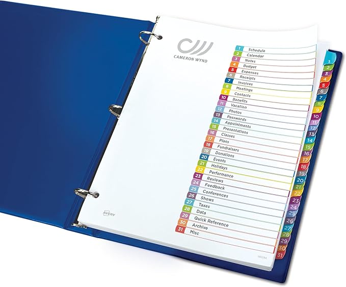 Avery 1-31 Dividers for 3 Ring Binders, 31 Tabs per Set, Customizable Table of Contents, Multicolor Arched Tabs, Great for Organizing Reports, Projects, and More (12 Sets of 11846)