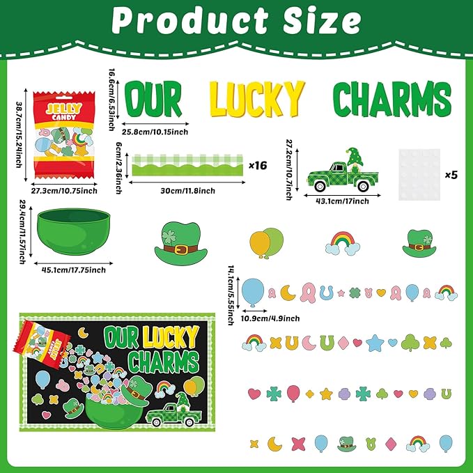 St.Patrick's Day Bulletin Board Decoration Set Green Shamrock Paper Cut Outs Our Lucky Charms Bulletin Board Set for St.Patrick’s Party Supplies Home Office School Classroom Chalkboard Wall Decor