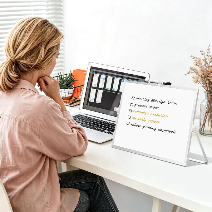 Dry Erase White Board, WALGLASS 16" x 12" Small Desktop Whiteboard with Stand, Double-Sided Magnetic Whiteboard, Portable Dry Erase Board for Kids Drawing, Study, Home, Office, School
