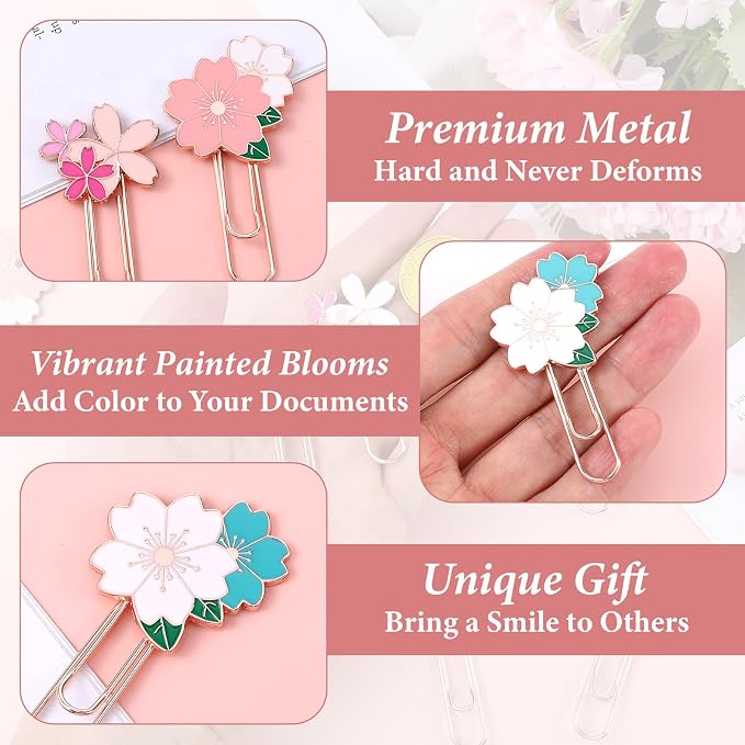 7Pcs Flower Paper Clips Cherry Blossom Clip, Decorative Fancy Paper Clips, Flowers Paper-Clips Bookmarks Cute Metal Paperclip Bookmark for Teacher Office Desk Stationery Accessories