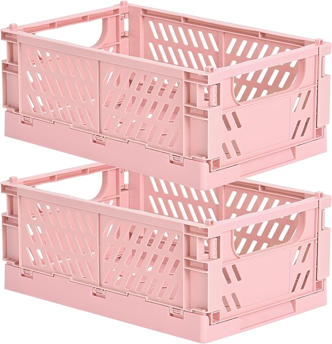 HUUSMOT 2-Pack Small Pastel Plastic Storage Baskets, Collapsible Crates for Organizing, Space-Saving Mini Bins for Classroom, Kitchen, Office, Bedroom (Pink, 9.8" x 6.5" x 3.8")