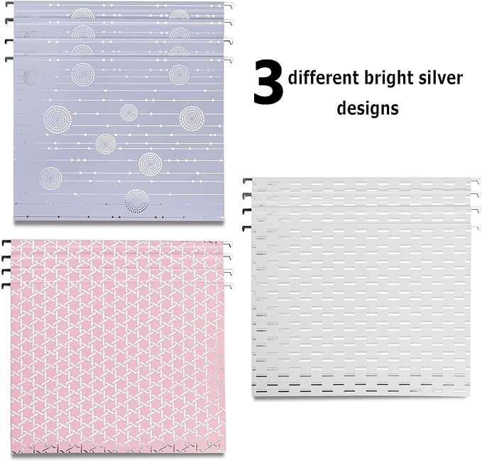 Y YOMA 12 Pack Decorative Hanging File Folders Letter Size File Folder Cute Pretty Hanging Folder Organizer for Filing Cabinet Office Home Desktop with 1/5-Cut Adjustable Tabs, 3 Silver Foil Design