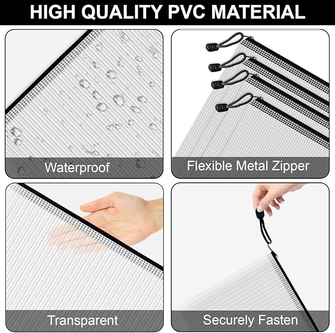 Mesh Zipper Pouch Bags, 24 Pcs Clear Zipper Pouches, A4 Letter Size, Waterproof Document Bags Zip File Folder Organizing Storage Bag for School, Office Supplies.