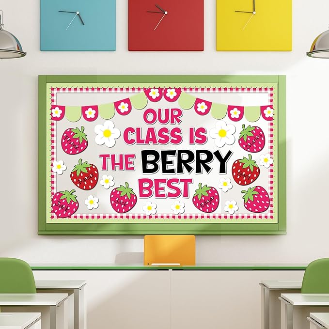 ZOIIWA Back to School Strawberry Bulletin Board Decorations Berry Flower Classroom Decor Bulletin Board Borders Pink Paper Cutouts Set for Teacher School Office Supplies Summer Spring Party Wall Decor