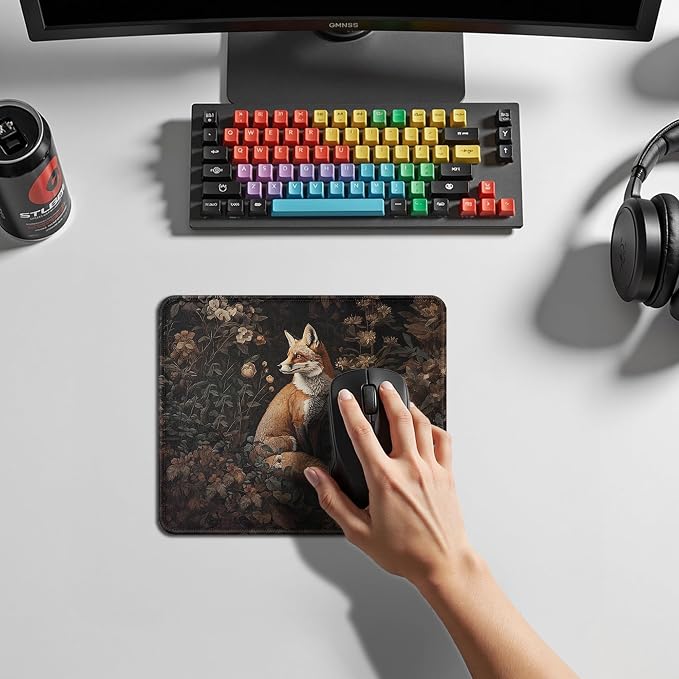 Vintage Moody Floral Fox Mouse Pad, Fox Lover Gifts, Dark Cottagecore Botanical Forest Animal Mouse Pad for Home Office Dorm Computer Laptop Desk Accessories, 9.5x7.9 Inch