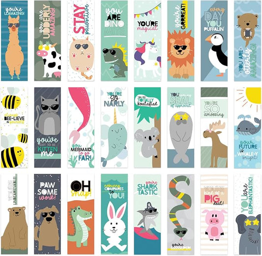 Animal Pun Bookmarks / 2" x 6" Motivational Paper Bookmark Pack/Bulk Set of 24 Classroom Reward Quotemarks/Made in The USA